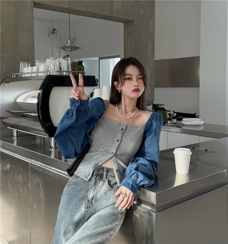 Patchwork Denim Shirts Women French Square Collar Puff Blouses Long Sleeve Crop Tops - MERGE.DAY.1.FREESTYLE
