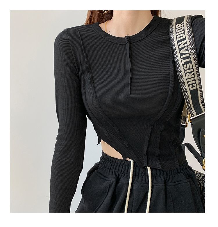 Skinny Crop Tops Women Irregular Oblique Edge T-shirts Female Crewneck Long Sleeve - MERGE.DAY.1.FREESTYLE