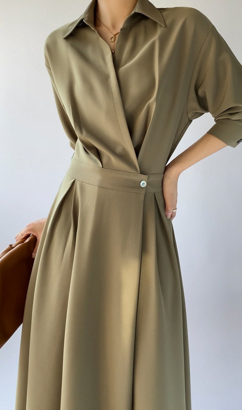 Turn-down Collar Women A-line Dress Long Sleeve Slim Waist Vestidos - MERGE.DAY.1.FREESTYLE