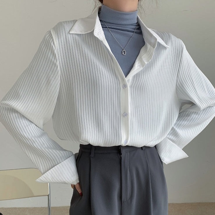 Office Ladies Striped Women Blouses Tops Full Sleeve Loose Shirts - MERGE.DAY.1.FREESTYLE