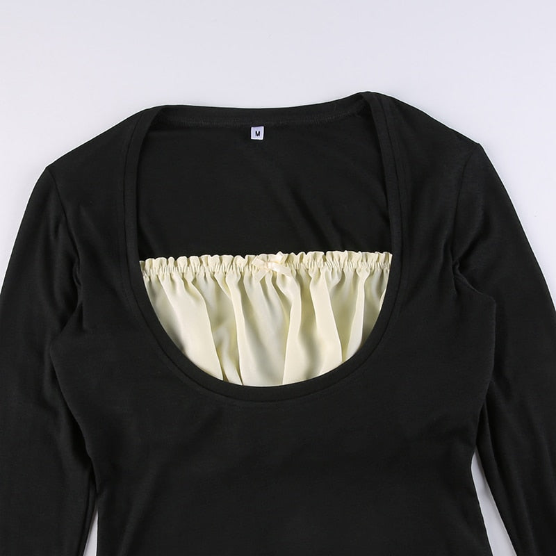 Patchwork Slim Tops Tee Long Sleeves Square Collar Retro Casual Tshirts - MERGE.DAY.1.FREESTYLE