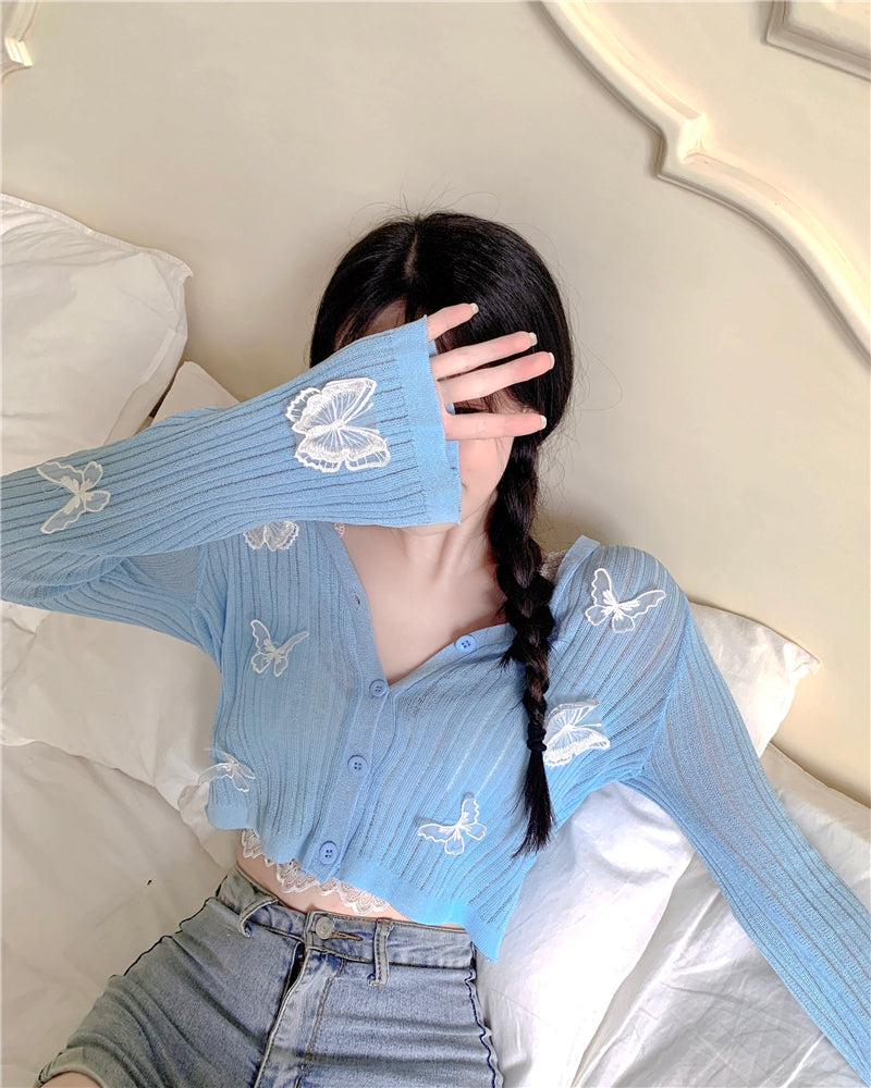 Butterfly Knit Cardigans Women V-Neck Crop Tops Ladies Summer Thin Long Sleeved - MERGE.DAY.1.FREESTYLE