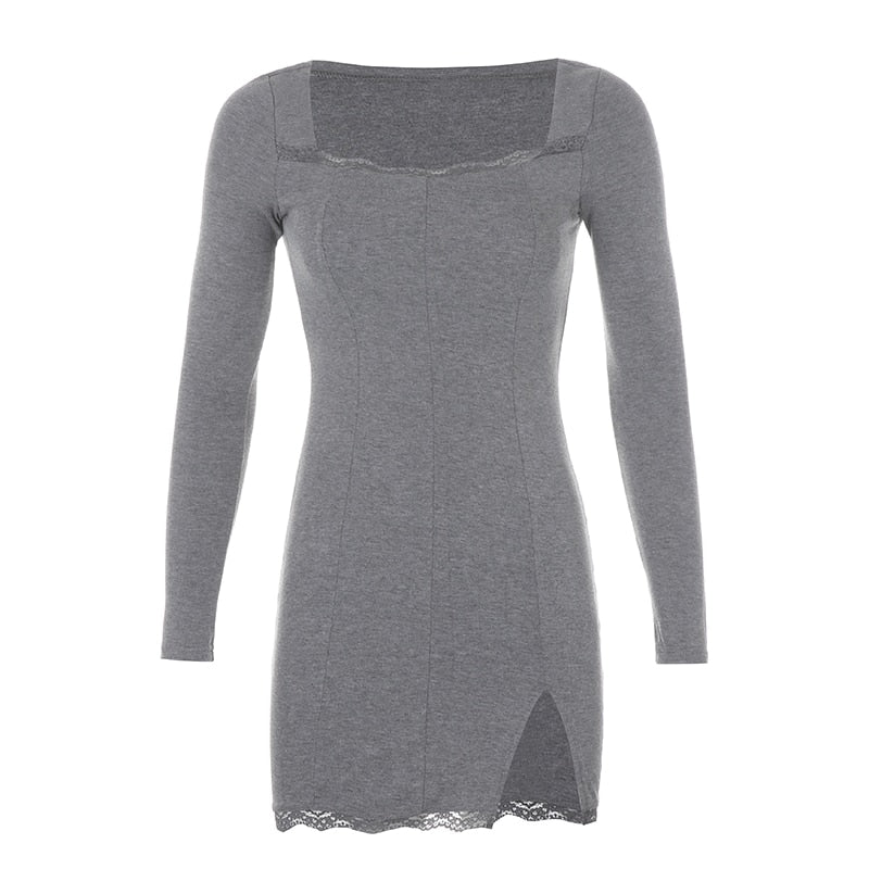 Square Neck Lace Patchwork Bodycon Black Dress Women Cotton Side Split Autumn Dress - MERGE.DAY.1.FREESTYLE