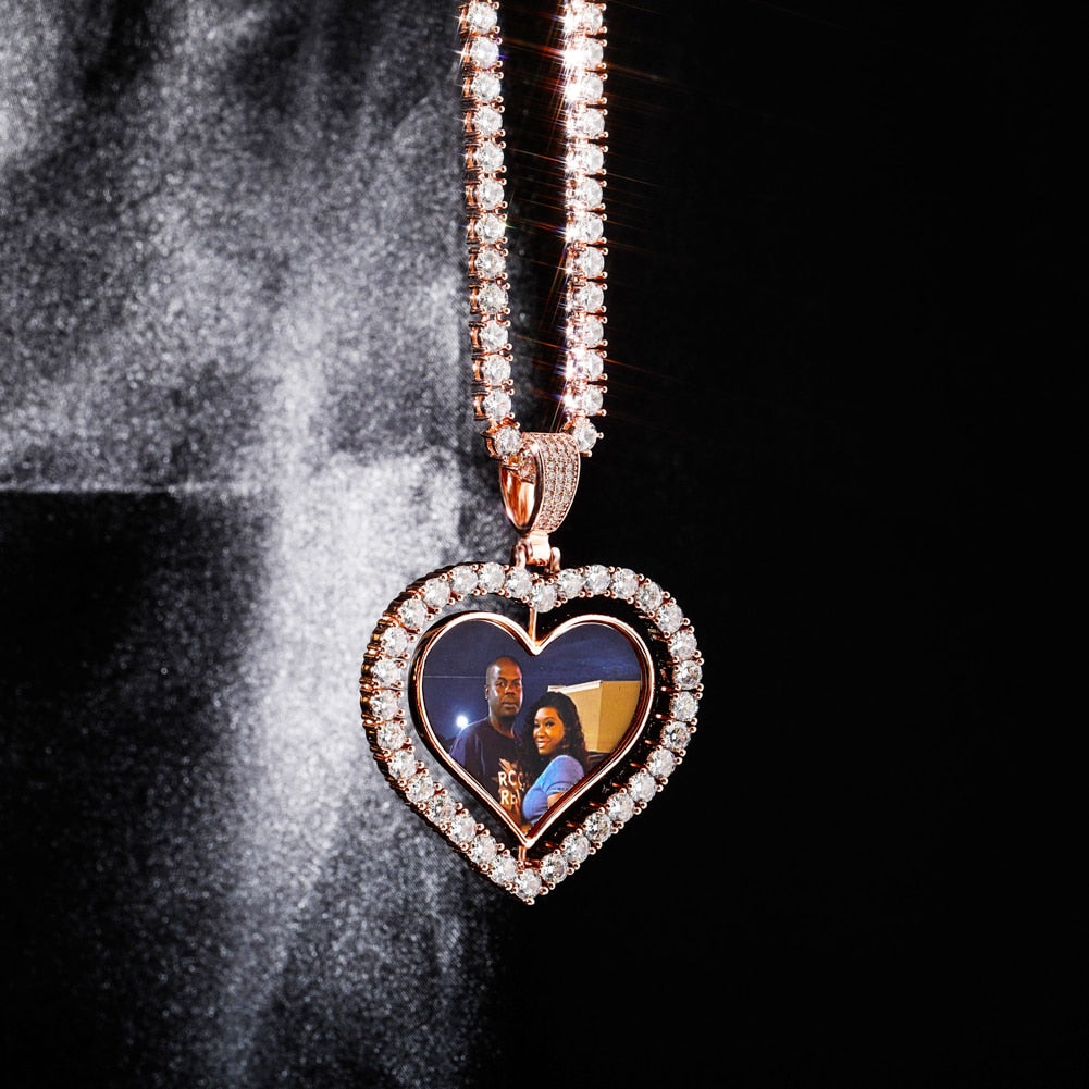 Heart Shaped Custom Photo Spin Double Sided Medallion Pendant Necklace Hip Hop Jewelry - MERGE.DAY.1.FREESTYLE