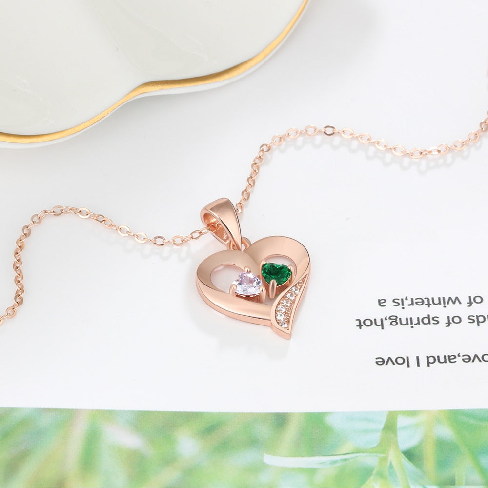 925 Sterling Silver Name Necklace with 2 Birthstones Custom Engraved Heart Pendant - MERGE.DAY.1.FREESTYLE