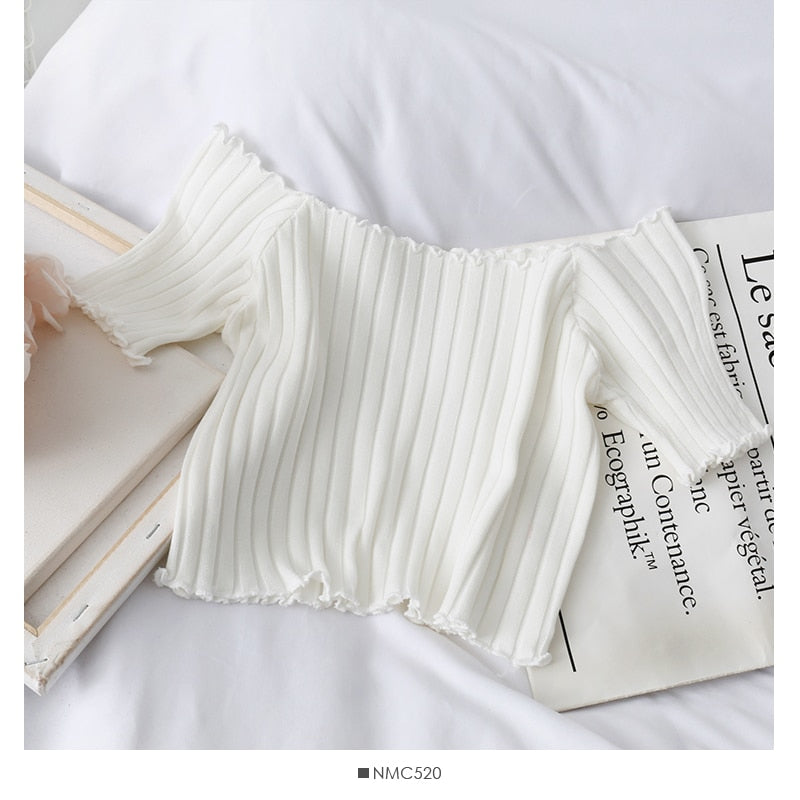 Women Off Shoulder T-shirts Knitted Ruffles Hem Crop Tops Short Sleeve T-shirts - MERGE.DAY.1.FREESTYLE
