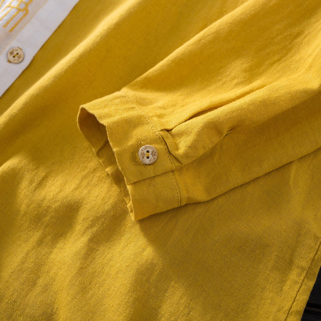 Women Cotton Linen Embroidery Blouse Long Sleeve Patchwork Color Top - MERGE.DAY.1.FREESTYLE