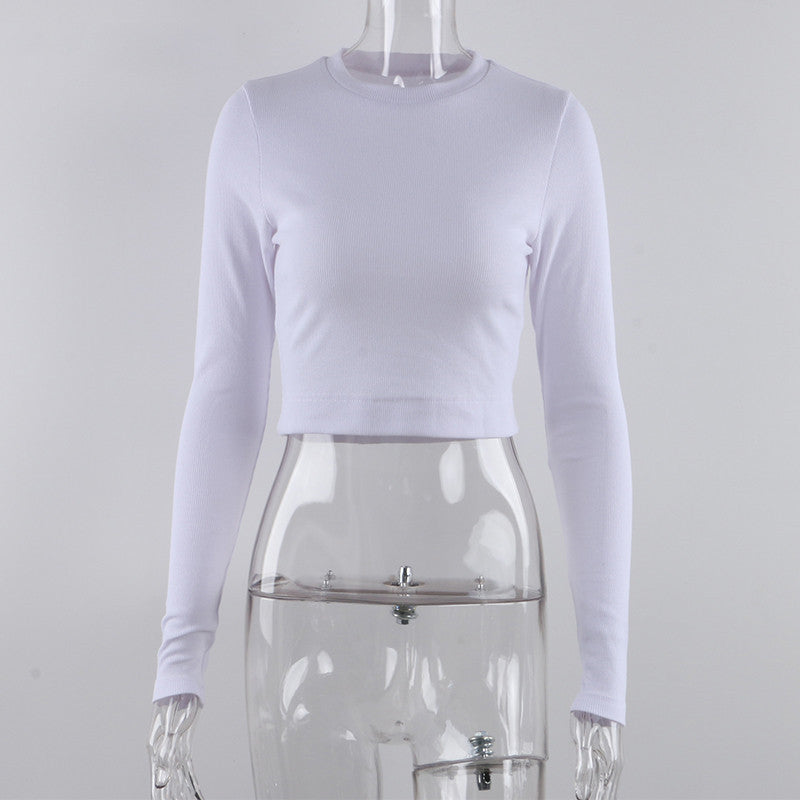 O Neck Long Sleeve Shirt Women Ribbed Sexy Cropped Tops Casual Skinny T Shirts White - MERGE.DAY.1.FREESTYLE