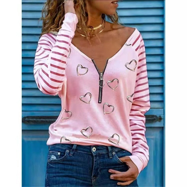 Love Printing T-shirt Sexy V-neck Zipper Neck Long-sleeved T-shirt Casual Loose Pullover Top - MERGE.DAY.1.FREESTYLE