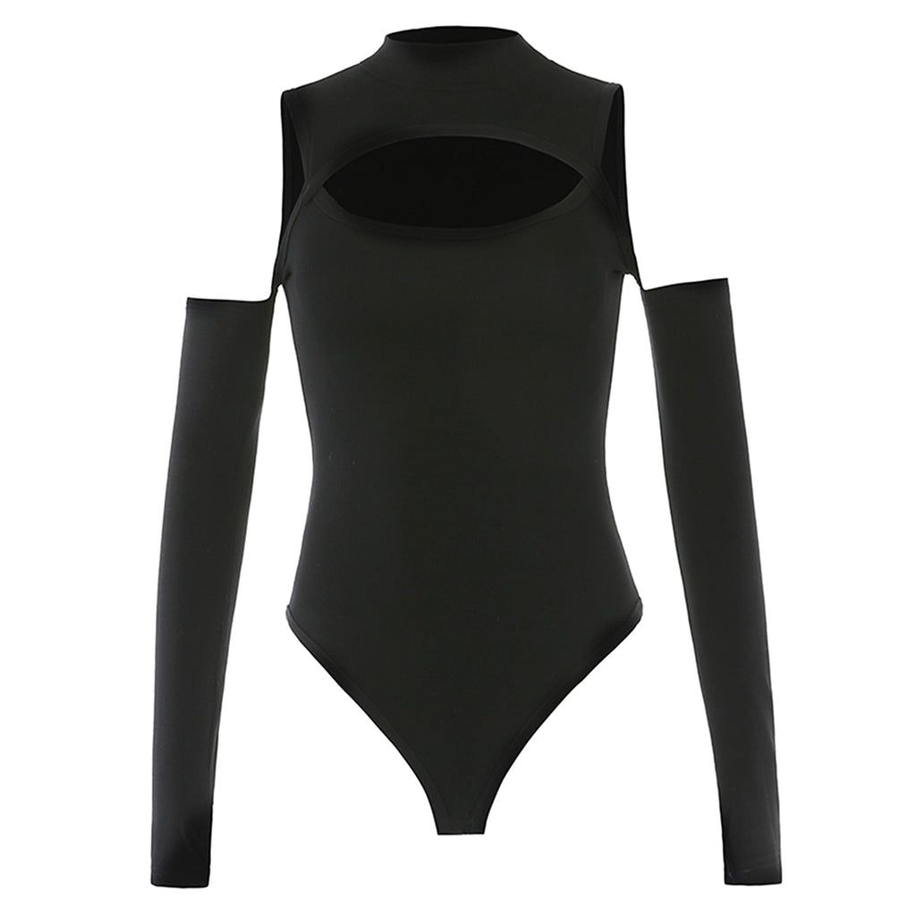 Women’s Long-sleeved Bodysuit Solid Color Hollow Off-shoulder Half High Collar Jumpsuit - MERGE.DAY.1.FREESTYLE