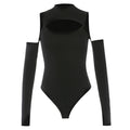 Women’s Long-sleeved Bodysuit Solid Color Hollow Off-shoulder Half High Collar Jumpsuit - MERGE.DAY.1.FREESTYLE