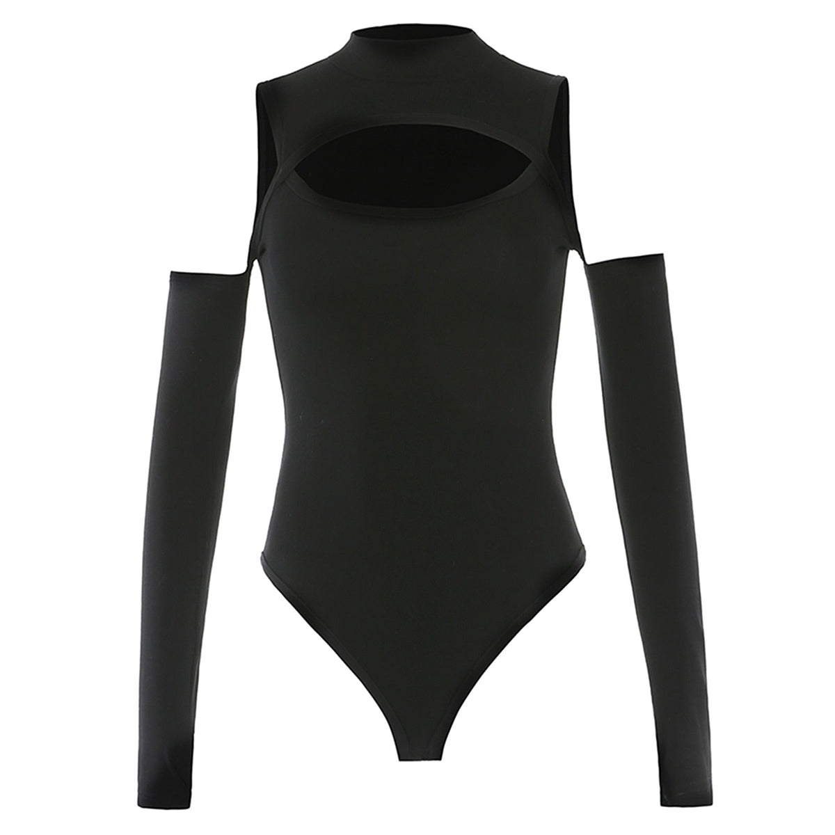 Women’s Long-sleeved Bodysuit Solid Color Hollow Off-shoulder Half High Collar Jumpsuit - MERGE.DAY.1.FREESTYLE