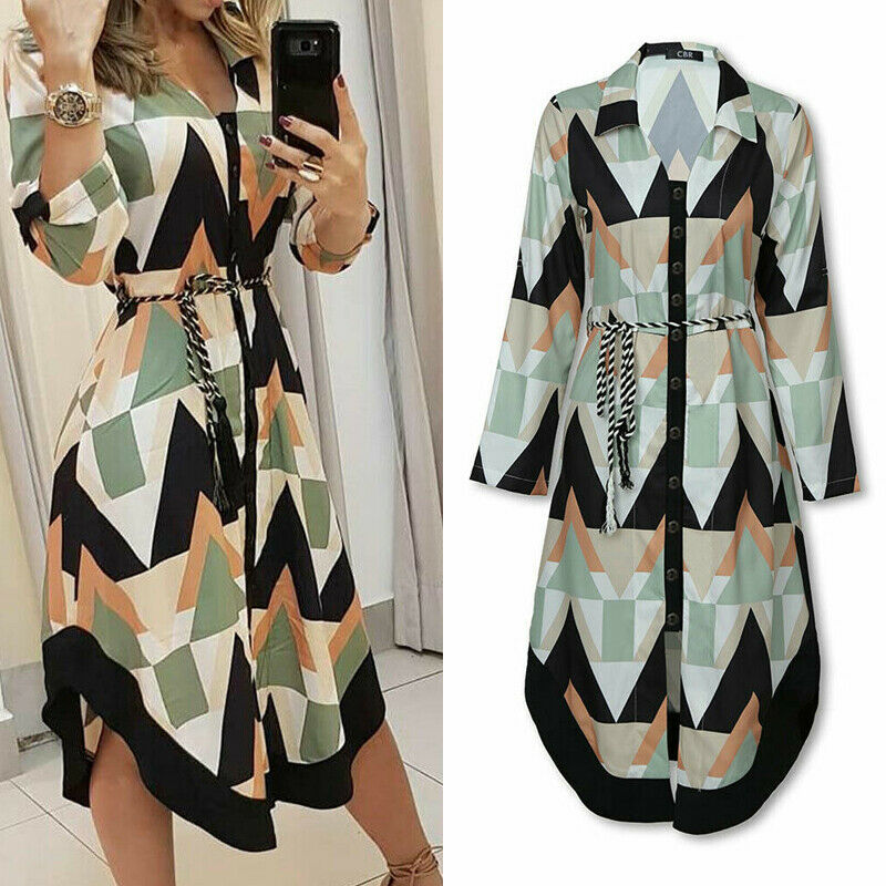 Spring Summer Lady Cover Up Women's Shirt Dress Wave Print Long Sleeve V-Neck Casual Dress Plus Size - MERGE.DAY.1.FREESTYLE