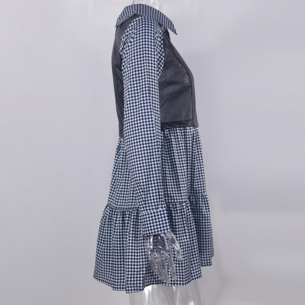 Long Sleeve Mini Shirt Dress For Women White 2022 Spring PU Leather Patchwork Plaid Dresses - MERGE.DAY.1.FREESTYLE