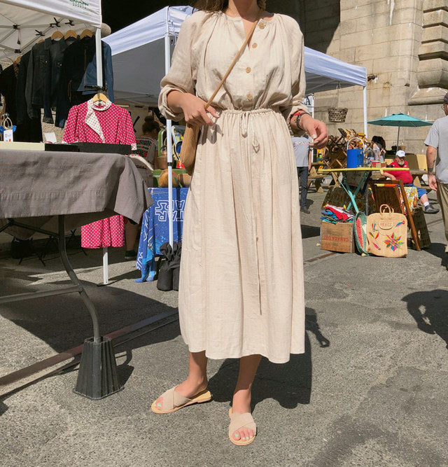 Long Shirt Dress Women Cotton Round Collar Slim Waist Drawstring Solid Color Sundress - MERGE.DAY.1.FREESTYLE