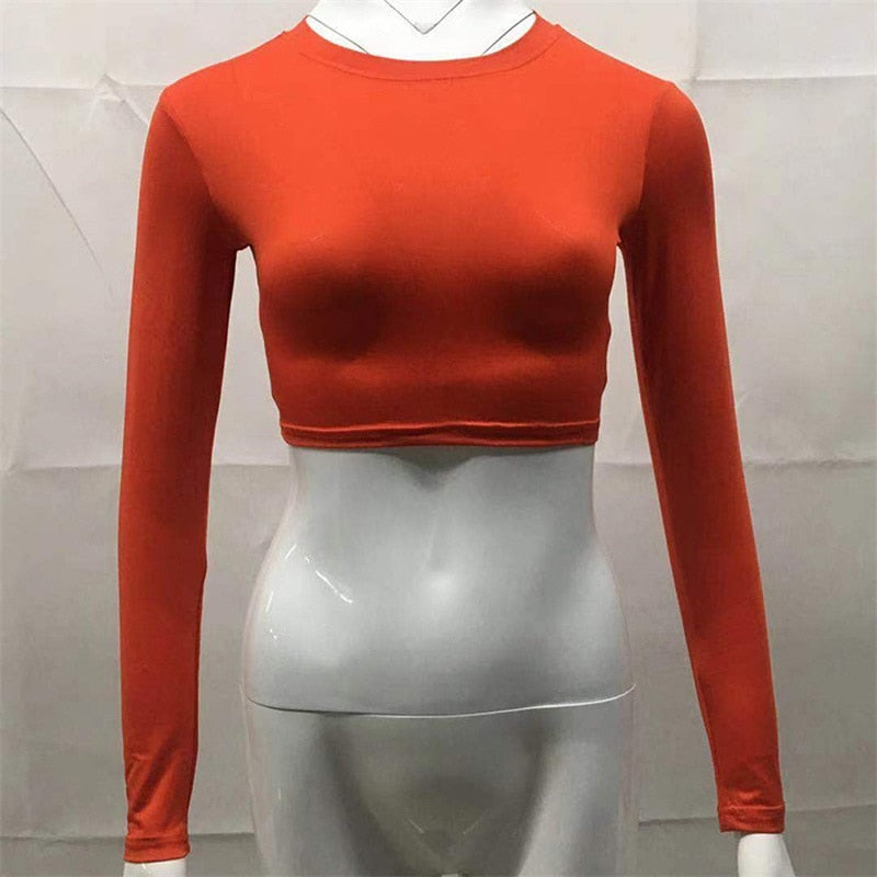Women Sexy Bodycon T Shirt Long Sleeve O-neck Crop Top Modis Sheath T Shirt - MERGE.DAY.1.FREESTYLE