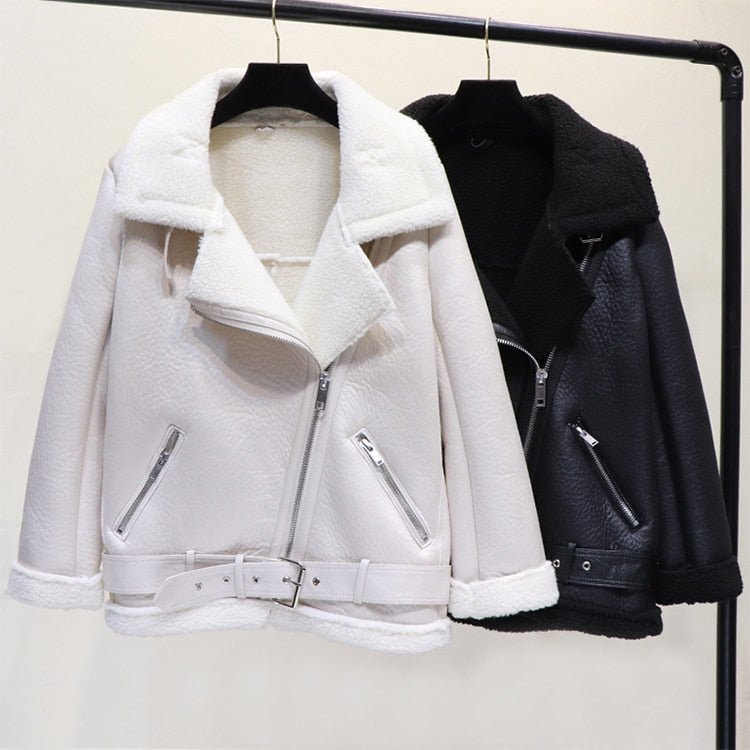 Faux Lamb Leather Jacket Pu Moto Zipper Jacket Warm Thick Outerwear - MERGE.DAY.1.FREESTYLE
