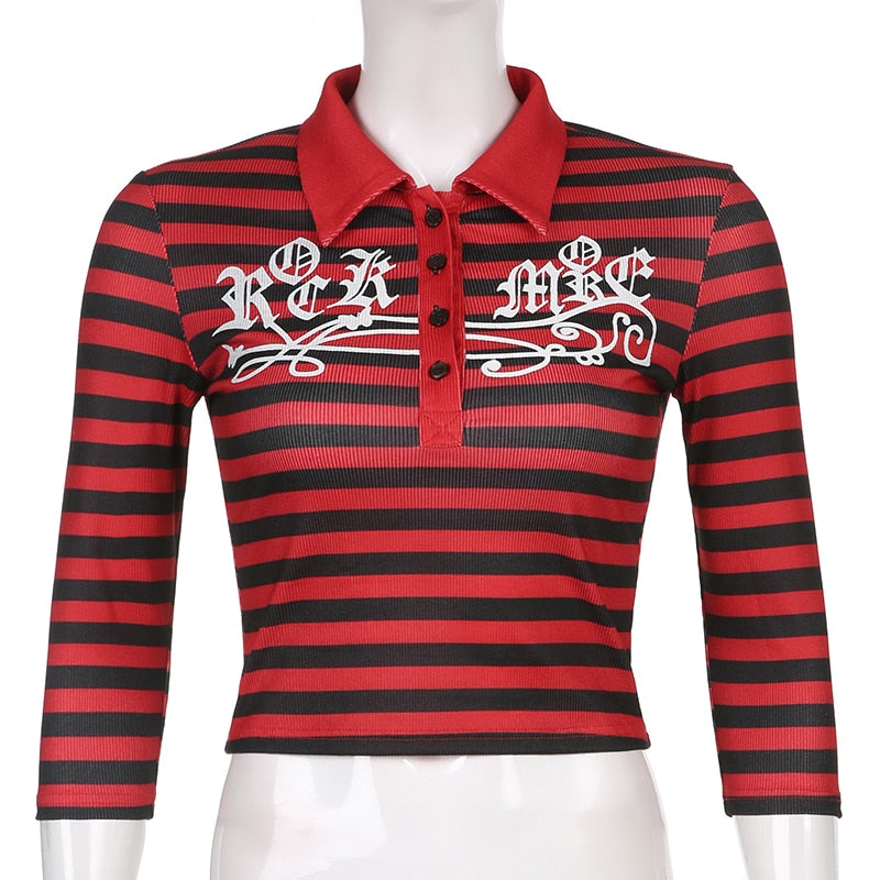 Goth Print Tops Stripe Cute T-Shirts Dark Academia Techwear Button Up V Neck Half Sleeve Sweat Shirts - MERGE.DAY.1.FREESTYLE