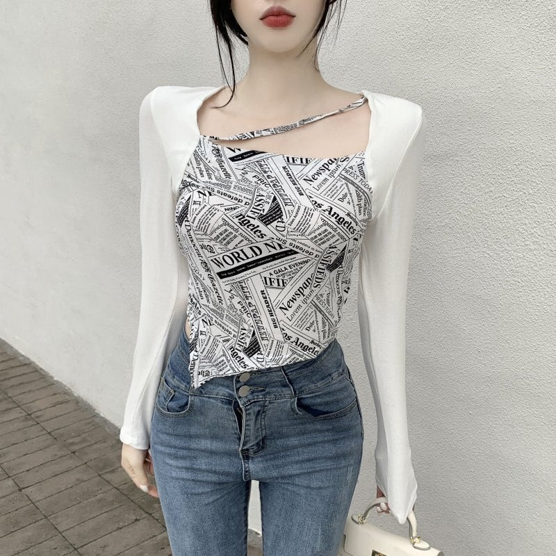 Letter Printed T-shirt Women Fake Two-piece Sexy Slim Long Sleeved Tops Female Cropped Tops - MERGE.DAY.1.FREESTYLE
