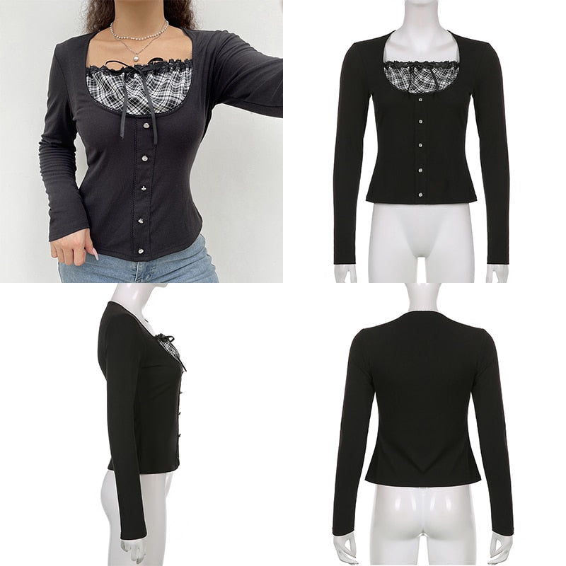 Patchwork Slim Tops Tee Long Sleeves Square Collar Retro Casual Tshirts - MERGE.DAY.1.FREESTYLE