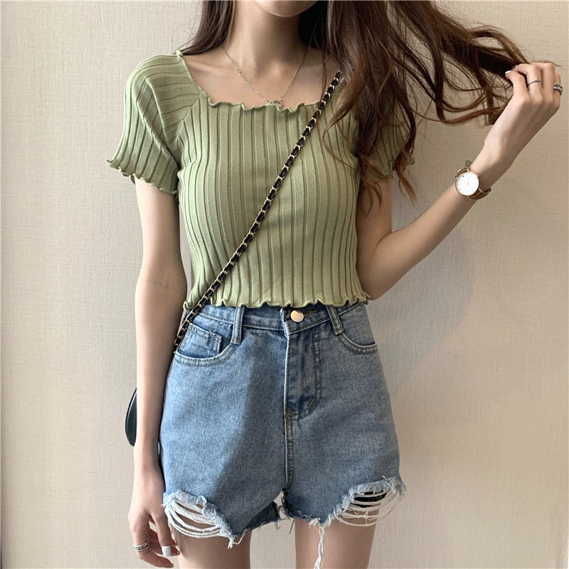 Women Off Shoulder T-shirts Knitted Ruffles Hem Crop Tops Short Sleeve T-shirts - MERGE.DAY.1.FREESTYLE