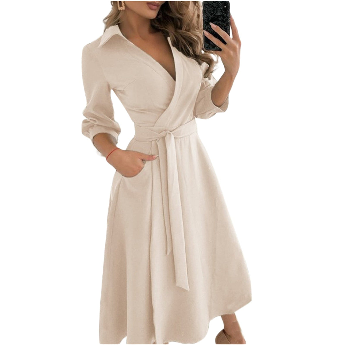 Spring Summer Lady Cover Up Women's Shirt Dress Wave Print Long Sleeve V-Neck Casual Dress Plus Size - MERGE.DAY.1.FREESTYLE