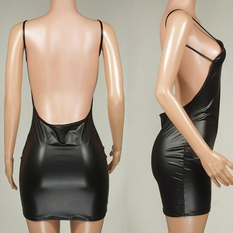 Sexy Faux Leather Dress Backless Short Dress Solid Black Look Latex Bodycon Push Up Bra Mini Micro Dress - MERGE.DAY.1.FREESTYLE