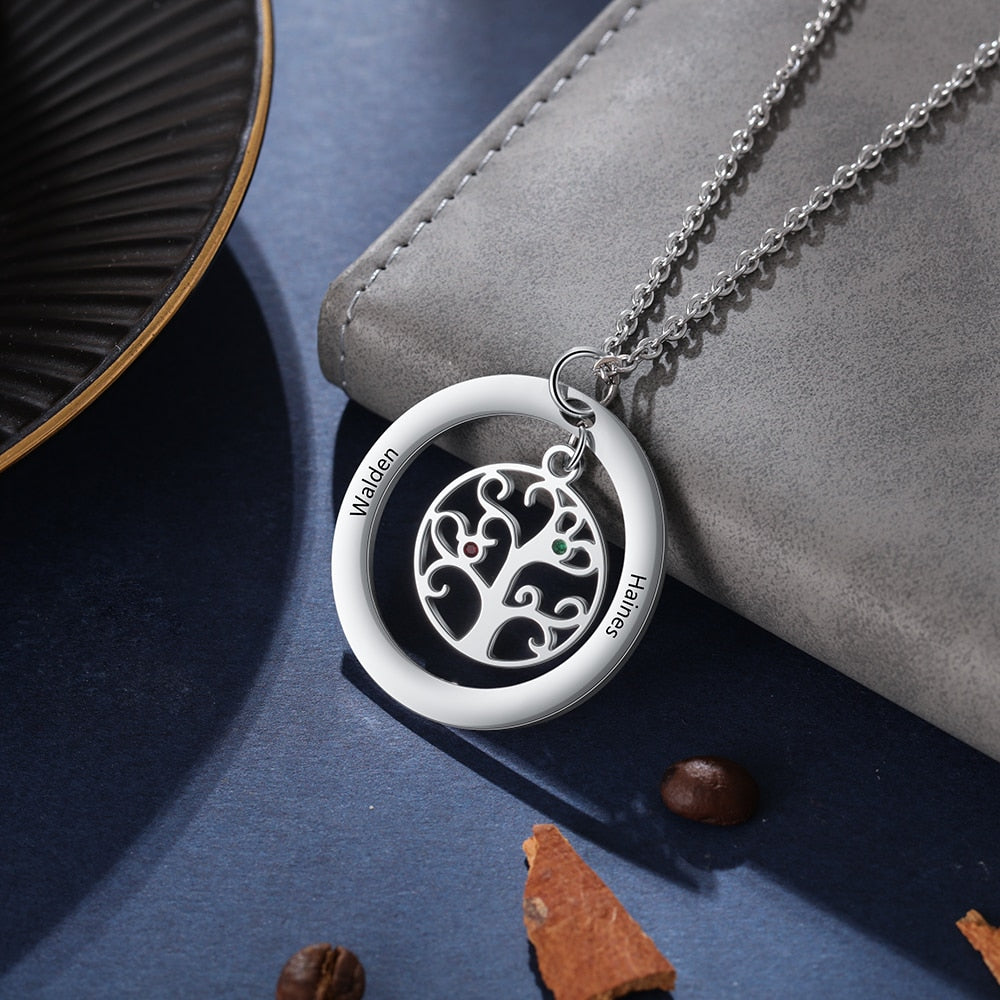 Tree of Life Name Necklace with Birthstone Name Engraved Pendant Family - MERGE.DAY.1.FREESTYLE