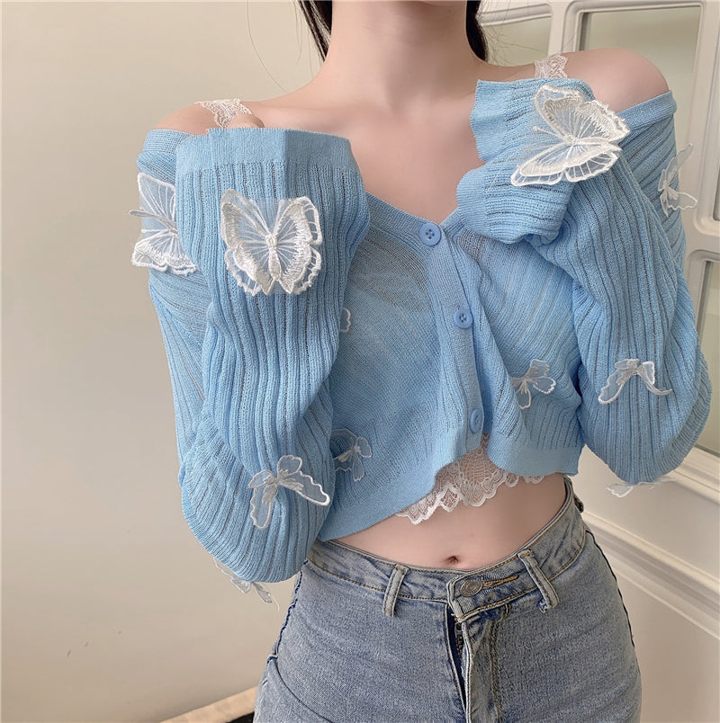 Butterfly Knit Cardigans Women V-Neck Crop Tops Ladies Summer Thin Long Sleeved - MERGE.DAY.1.FREESTYLE