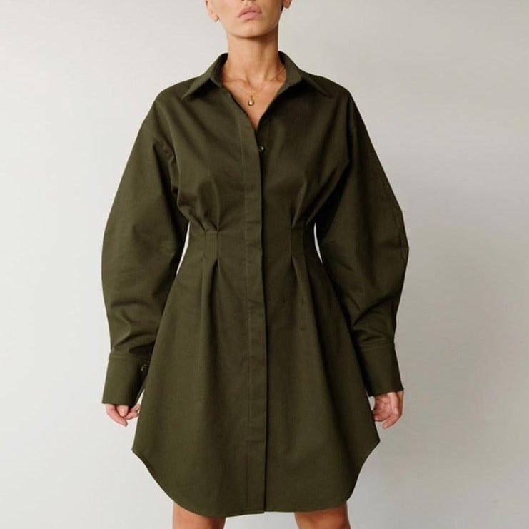 Autumn Winter Bodycon Dress Women Long Sleeve Khaki Pleated Shirt Midi Dresss - MERGE.DAY.1.FREESTYLE