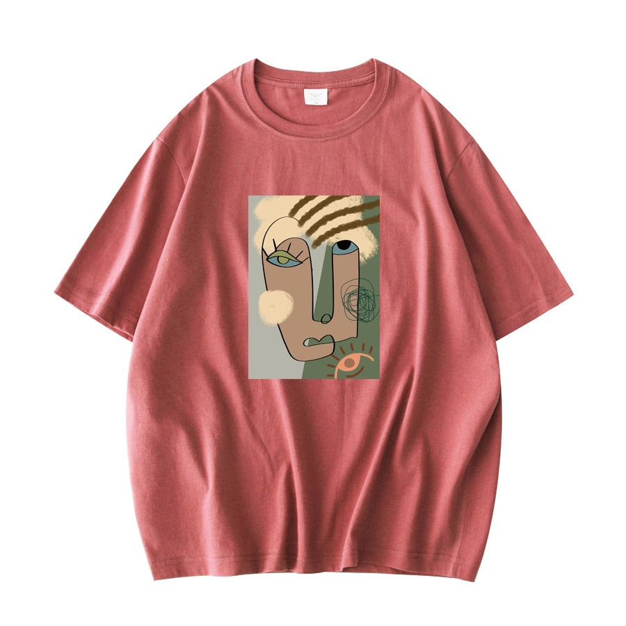 Abstract Pattern Tshirts Lady Cotton Green Summer Tees Lady Short Sleeve Streetwear Tops - MERGE.DAY.1.FREESTYLE