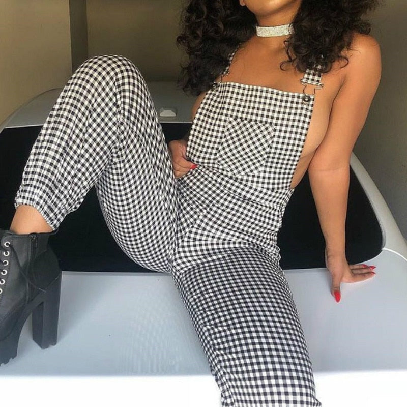 Women Straps Jumpsuits Ladies Summer Plaids Checked Playsuits Backless Outfits White&Black - MERGE.DAY.1.FREESTYLE