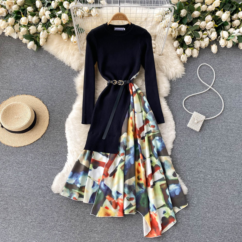 Knitted Patchwork Gradient Print Pleated Dress Long Sleeve Office One-Piece Sweater Dress With Belt - MERGE.DAY.1.FREESTYLE