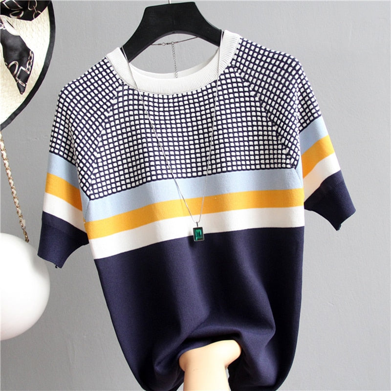 Thin Knitted T Shirt Women Short Sleeve Summer Tops Woman Clothes Striped Fashion T-Shirt - MERGE.DAY.1.FREESTYLE