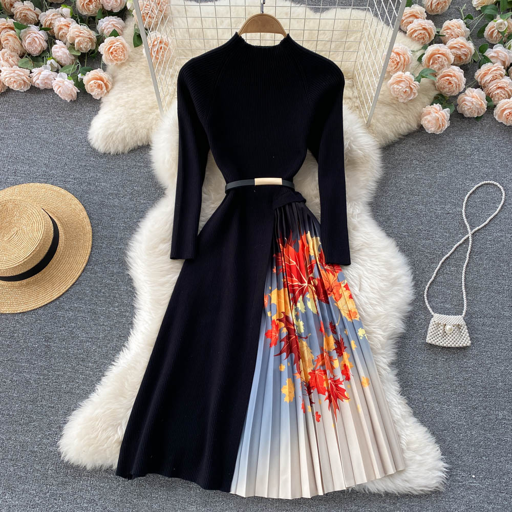 Knitted Patchwork Gradient Print Pleated Dress Long Sleeve Office One-Piece Sweater Dress With Belt - MERGE.DAY.1.FREESTYLE
