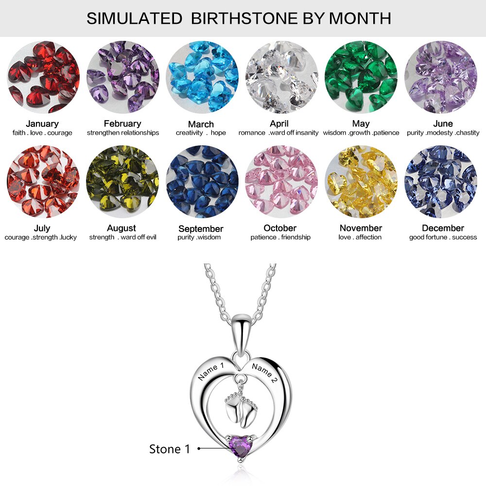 Personalized Name Heart Birthstone Baby Feet Necklace - MERGE.DAY.1.FREESTYLE