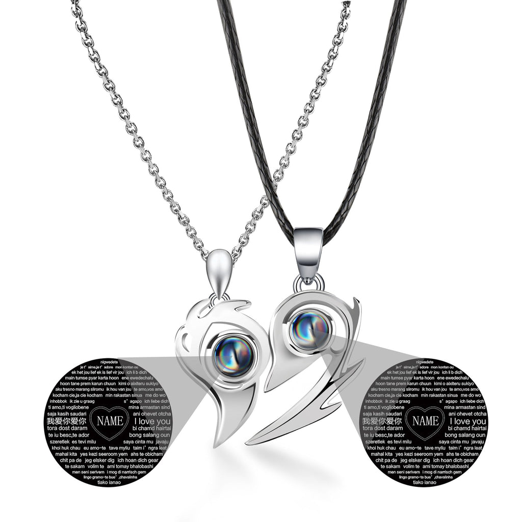 One Pair Magnetic Flame Heart Shaped Custom 100 languages Name Projection Couples Necklaces - MERGE.DAY.1.FREESTYLE