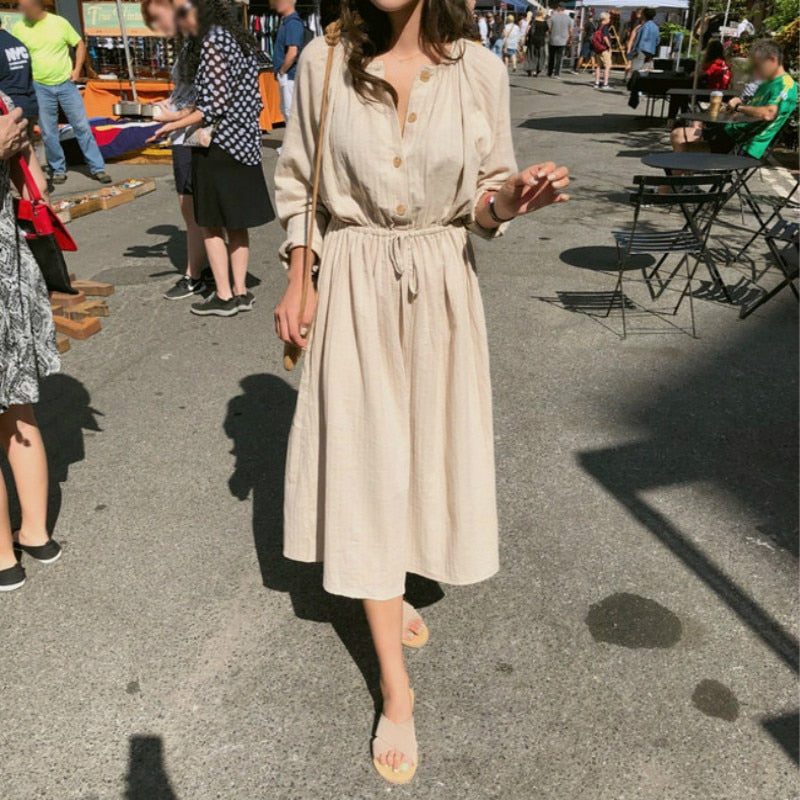 Long Shirt Dress Women Cotton Round Collar Slim Waist Drawstring Solid Color Sundress - MERGE.DAY.1.FREESTYLE