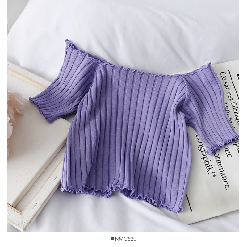 Women Off Shoulder T-shirts Knitted Ruffles Hem Crop Tops Short Sleeve T-shirts - MERGE.DAY.1.FREESTYLE