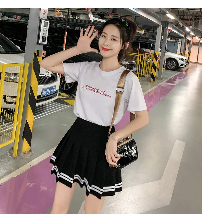 Striped Pleated Elastic Waist Female Sweet Mini Dance Plaid Skirt Y2k - MERGE.DAY.1.FREESTYLE