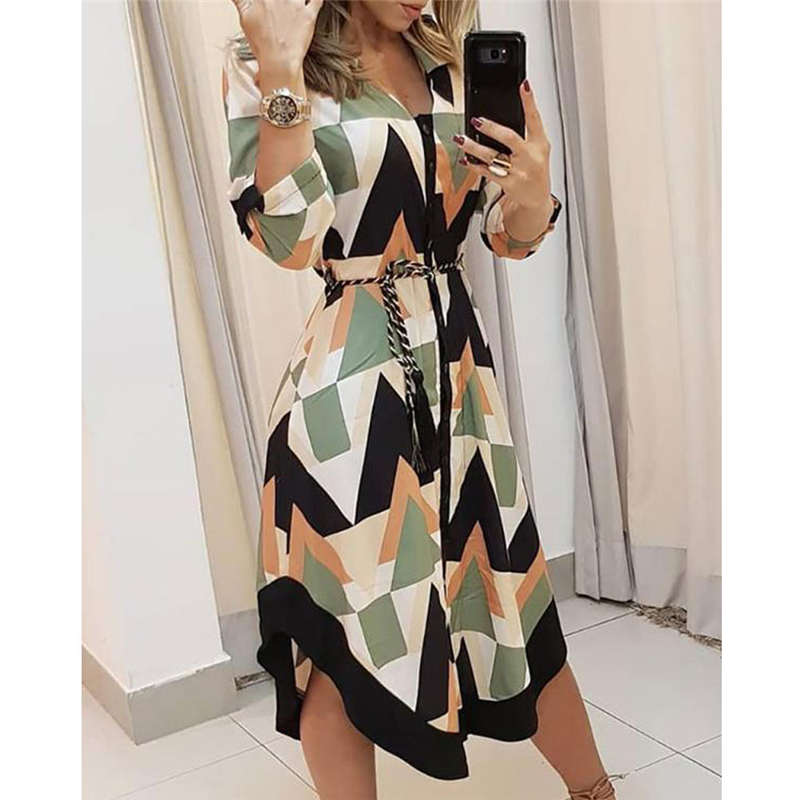 Spring Summer Lady Cover Up Women's Shirt Dress Wave Print Long Sleeve V-Neck Casual Dress Plus Size - MERGE.DAY.1.FREESTYLE