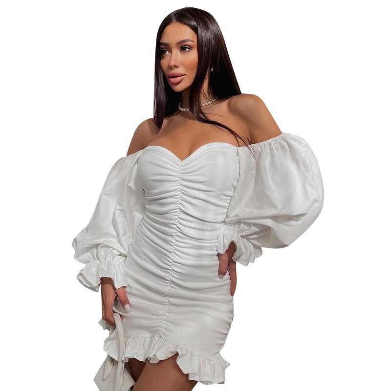 Off Shoulder Long Loose Flare Puff Sleeve Ruched Mini Dress - MERGE.DAY.1.FREESTYLE