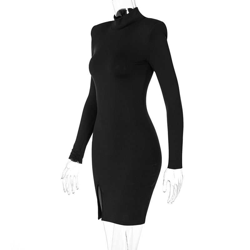Women Spring Autumn Long Sleeve Bodycon Soild Color Black Slim Package Hip Mini Dress - MERGE.DAY.1.FREESTYLE