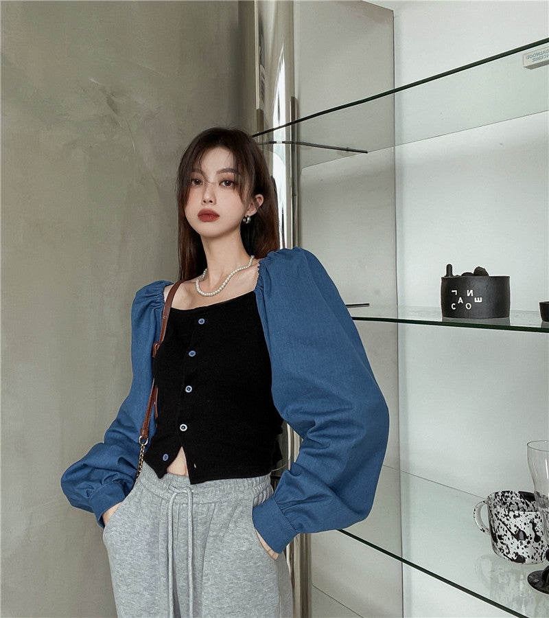 Patchwork Denim Shirts Women French Square Collar Puff Blouses Long Sleeve Crop Tops - MERGE.DAY.1.FREESTYLE