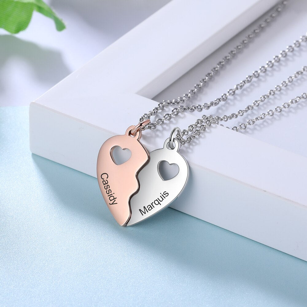 Name Engraving BFF Necklace Customized Rose Gold Silver Color Heart Couple Pendants - MERGE.DAY.1.FREESTYLE