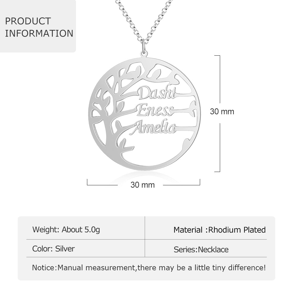 Family Tree Necklace Customized Nameplate with 3 Names Round Tree of Life Pendant - MERGE.DAY.1.FREESTYLE