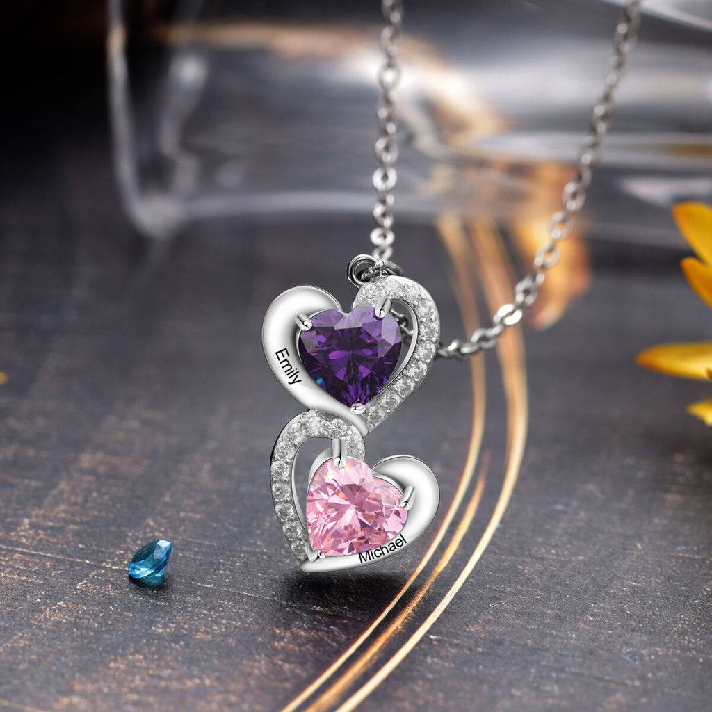 925 Sterling Silver Heart Necklace with 2 Birthstone Cubic Zirconia Custom Name Pendant - MERGE.DAY.1.FREESTYLE
