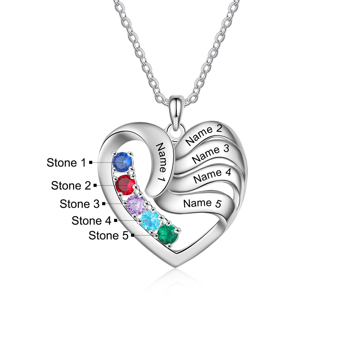 2-5 Names Customized Birthstone Fashion Memorial Heart Necklace - MERGE.DAY.1.FREESTYLE