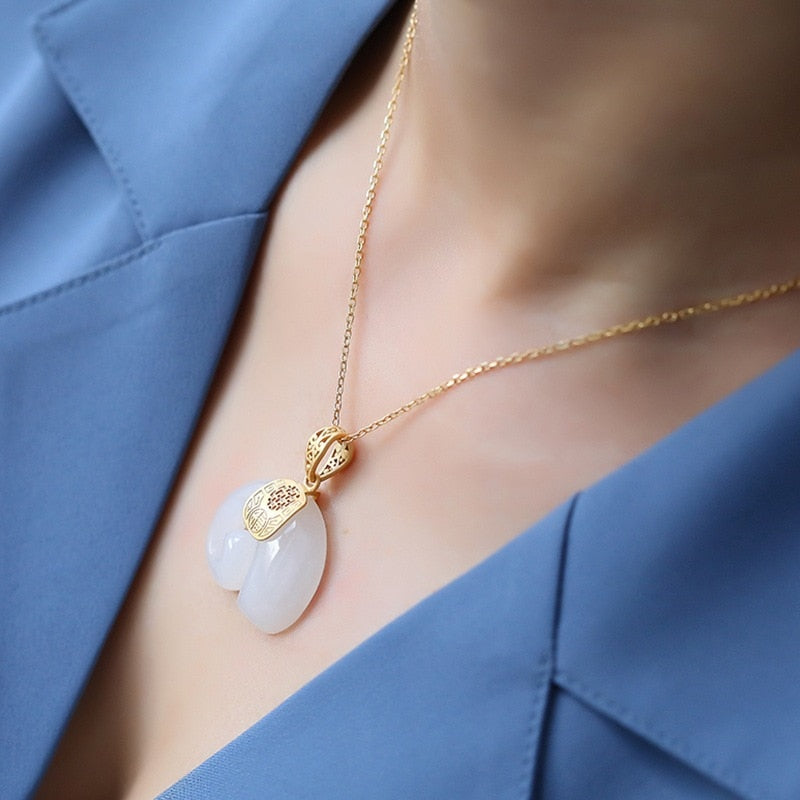 Vintage White Hetian Jade Elephant Pendant 18K Gold Plated Chain Necklace - MERGE.DAY.1.FREESTYLE