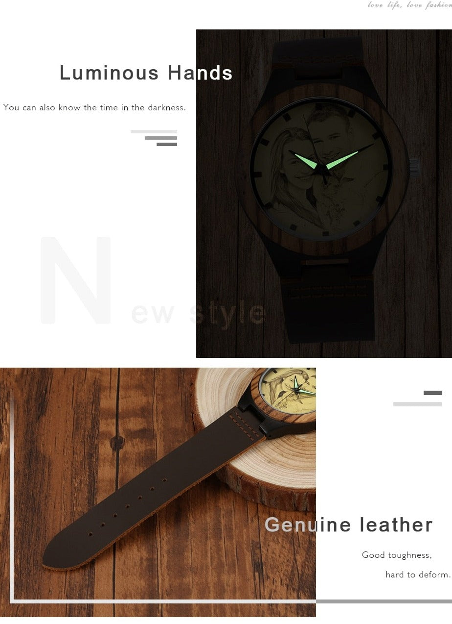 Personalized Custom Watch Photo Ebony Wooden Watch Engraving Picture Leather Band Unique Quartz Watches - MERGE.DAY.1.FREESTYLE